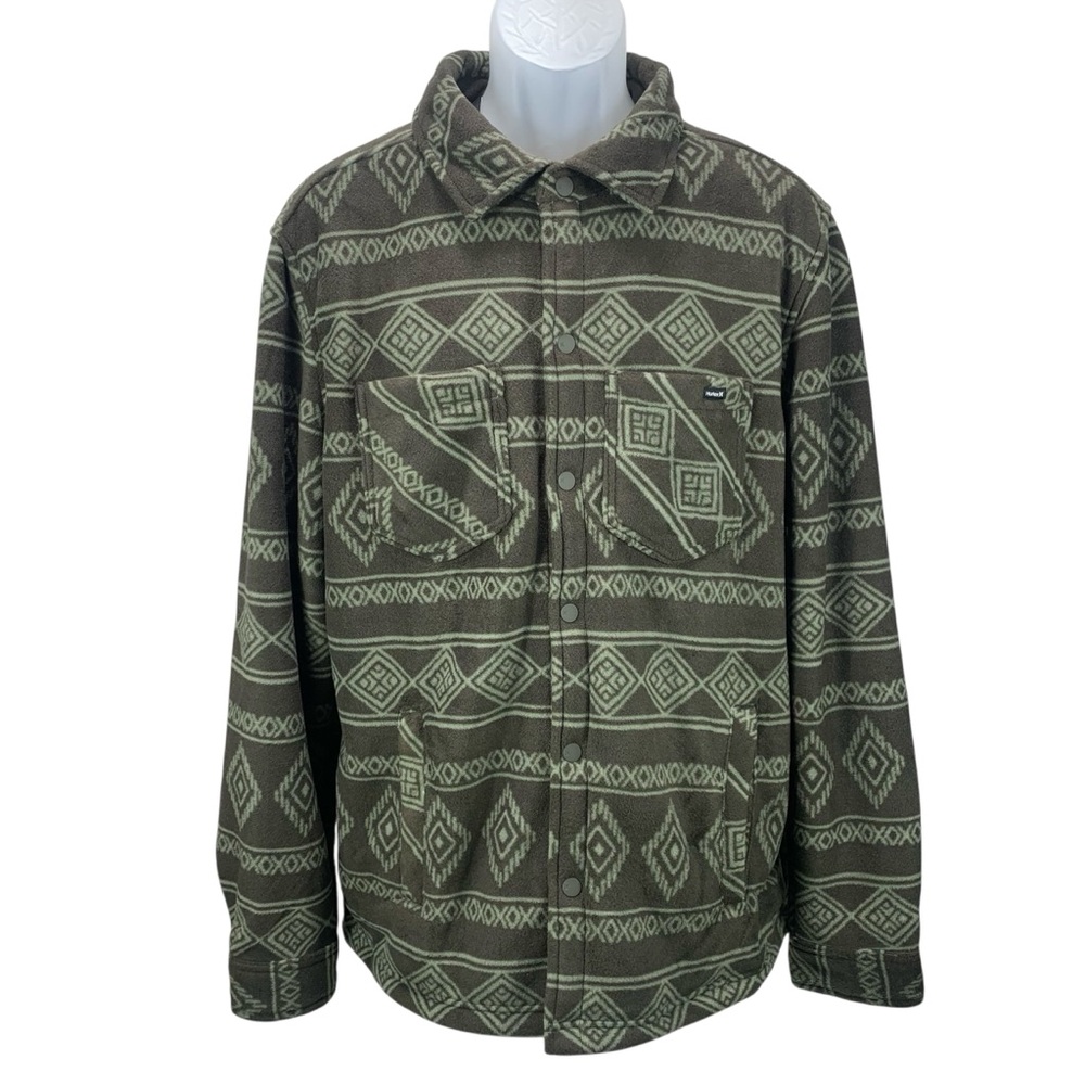 Hurley Men’s Medium‎ Green & Gray Sherpa Lined Shacket Jacket Aztec Snap Fleece